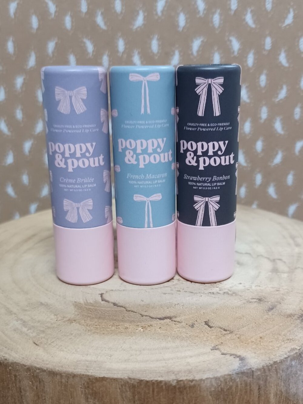 Set of 3 Poppy & Pout Lip Balms-Creme Brulee,French Macaron,&Strawberry BonBon